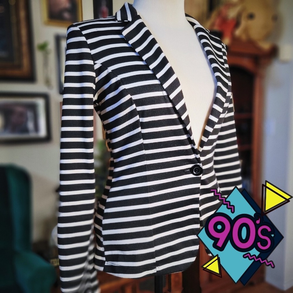 Mystic Black & White Striped Blazer Vintage 90s Jacket w/ Red Elbow Patches